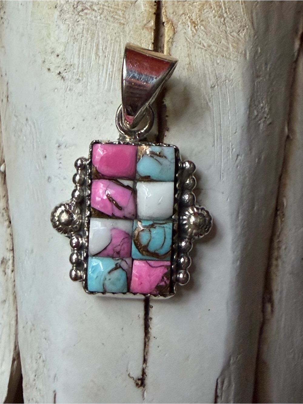 Handmade Sterling Silver Cotton Candy cobblestone Inlay Pendant Necklace